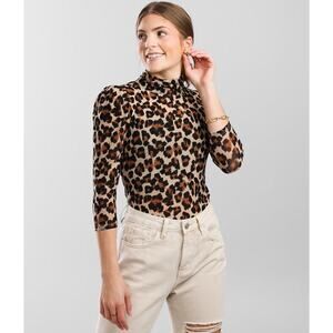 Free People Women's Gather Leopard Turtleneck Mesh Top Sz XS Animal Print